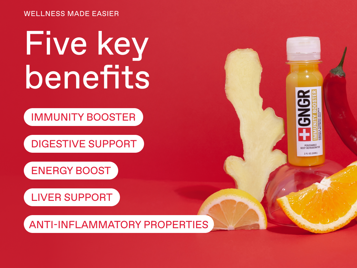 WELLNESS MADE EASIER. Five key benefits: Immunity Booster, Digestive Support, Energy Boost, Liver Support, Anti-Inflammatory Properties
