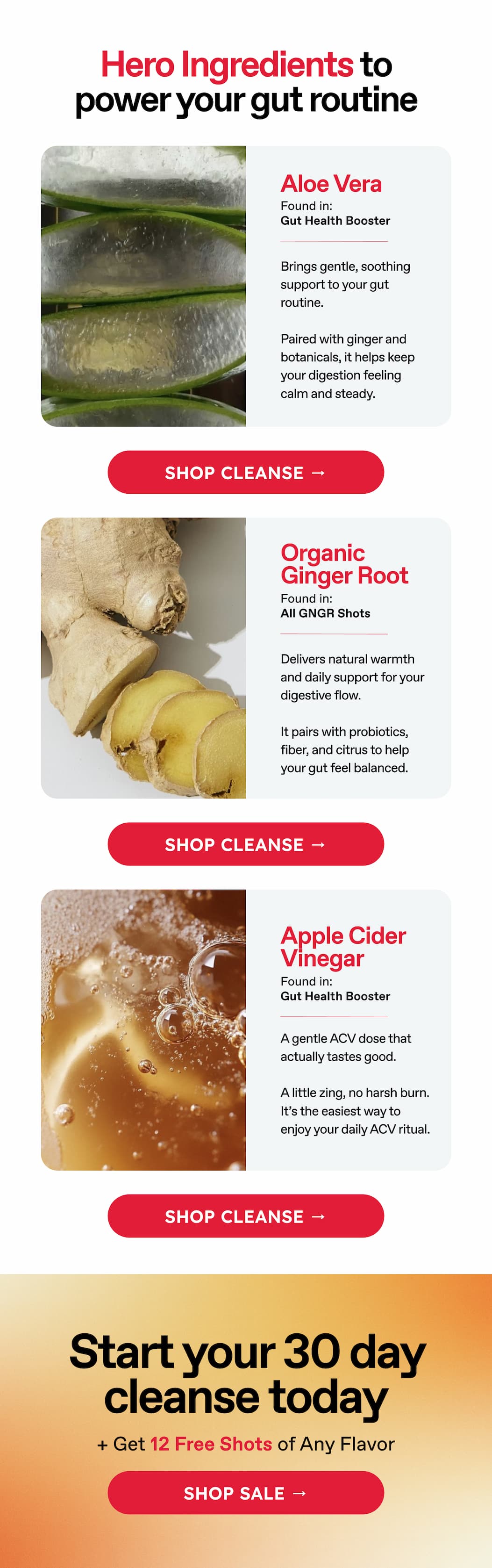 Hero Ingredients To Power Your Gut Routine Aloe Vera Found In: Gut Health Booster. Brings Gentle, Soothing Support To Your Gut Routine. Paired With Ginger And Botanicals, It Helps Keep Your Digestion Feeling Calm And Steady. Shop Cleanse →  Organic Ginger Root Found In: All GNGR Shots. Delivers Natural Warmth And Daily Support For Your Digestive Flow. It Pairs With Probiotics, Fiber, And Citrus To Help Your Gut Feel Balanced. Shop Cleanse → Apple Cider Vinegar. Found In: Gut Health Booster. A Gentle Acv Dose That Actually Tastes Good. A Little Zing, No Harsh Burn. It's The Easiest Way To Enjoy Your Daily Acv Ritual. Shop Cleanse → Start Your 30 Day Cleanse Today. + Get 12 Free Shots Of Any Flavor. Shop Sale →