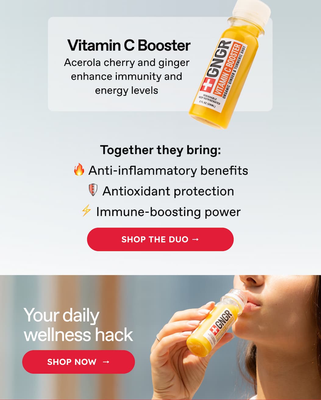 Vitamin C Booster | Acerola cherry and ginger enhance immunity and energy levels | Together they bring: 🔥 Anti-inflammatory benefits 🛡️ Antioxidant protection⚡ Immune-boosting power | Shop the Duo → Your daily wellness hack | SHOP NOW  →