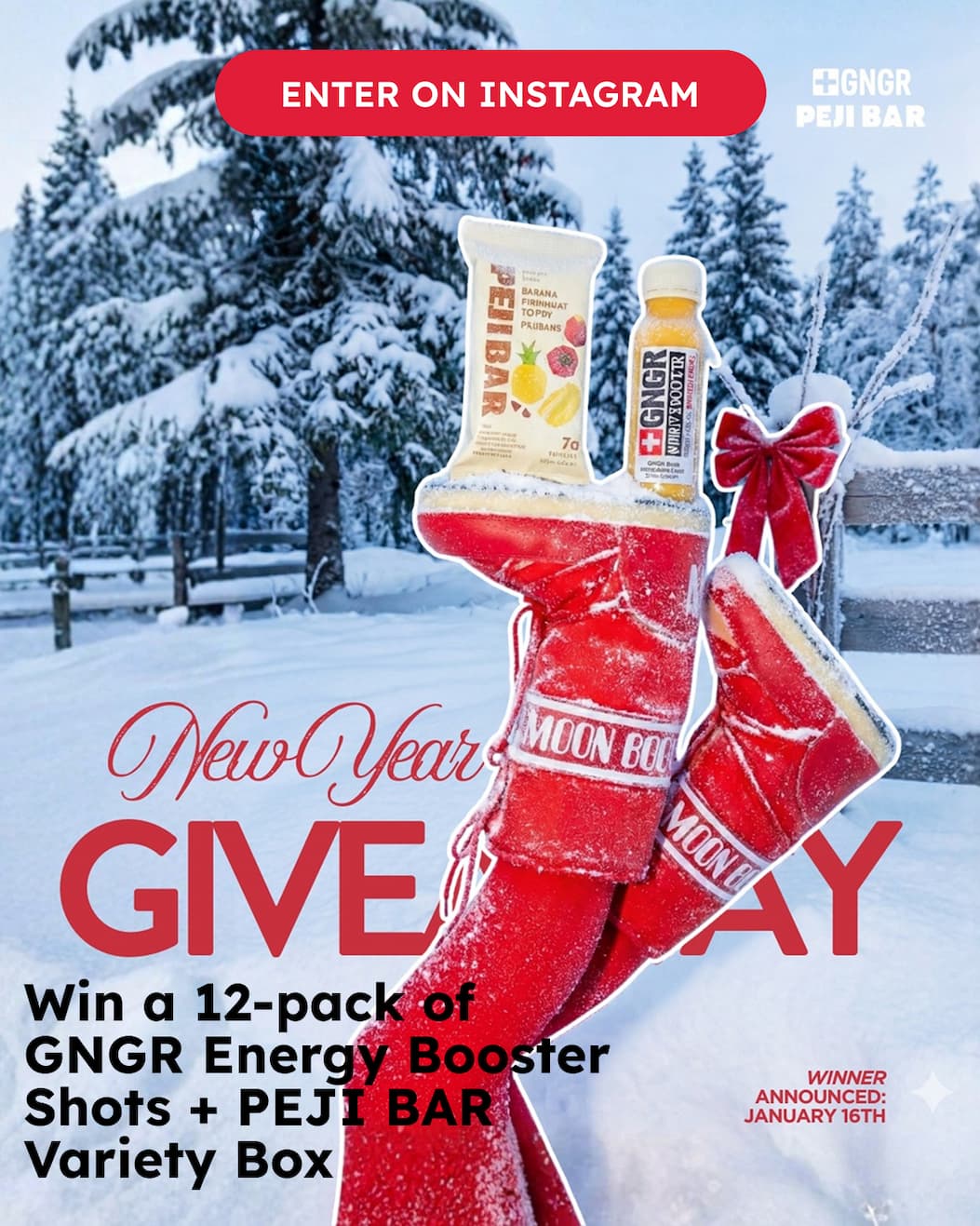 Enter On Instagram. New Year Giveaway. Win A 12-Pack Of GNGR Energy Booster Shots + Peji Bar Variety Box 