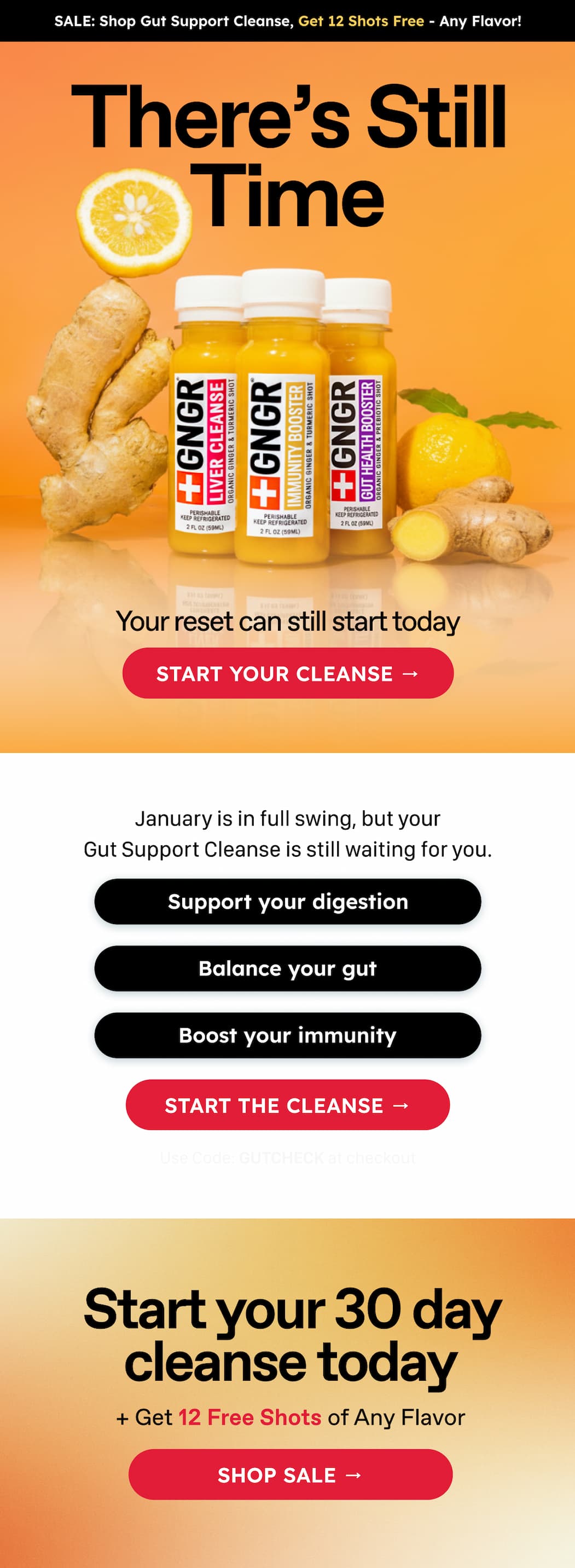 SALE: Shop Gut Support Cleanse, Get 12 Shots Free - Any Flavor! There's Still Time Your reset can still start today. Start Your Cleanse → January is in full swing, but your Gut Support Cleanse is still waiting for you. Support your digestion. Balance your gut. Boost your immunity. Start the Cleanse → Start your 30 day cleanse today + Get 12 Free Shots of Any Flavor. Shop Sale →