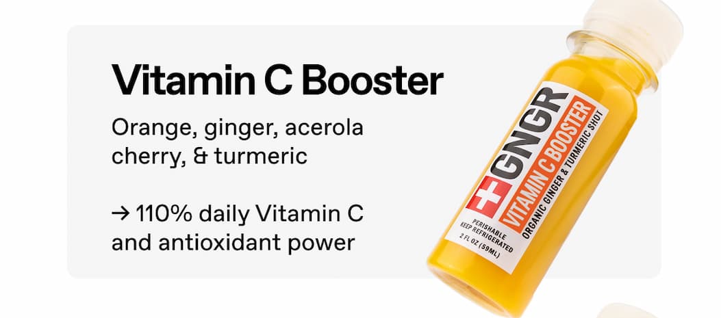 Vitamin C Booster. Orange, Ginger, Acerola Cherry, & Turmeric → 110% Daily Vitamin C And Antioxidant Power.