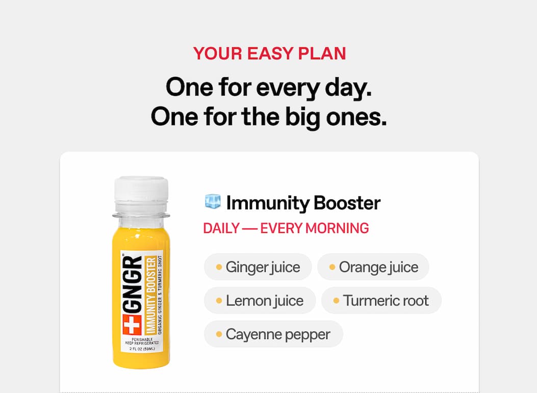 Your Easy Plan. One For Every Day. One For The Big Ones. 🧊 Immunity Booster. Daily — Every Morning. Ginger Juice. Orange Juice. Lemon Juice. Turmeric Root. Cayenne Pepper. 