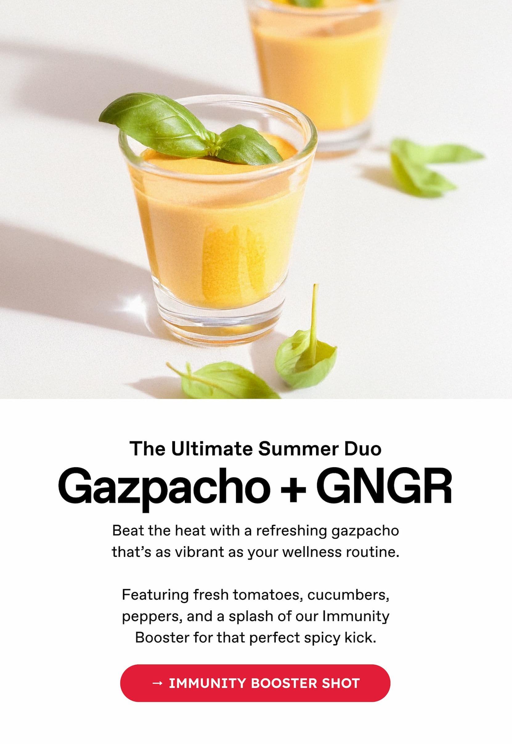 The Ultimate Summer Duo - Gazpacho + GNGR - Beat the heat with a refreshing gazpacho that's as vibrant as your wellness routine. Featuring fresh tomatoes, cucumbers, peppers, and a splash of our Immunity Booster for that perfect spicy kick. | Immunity Booster Shot
