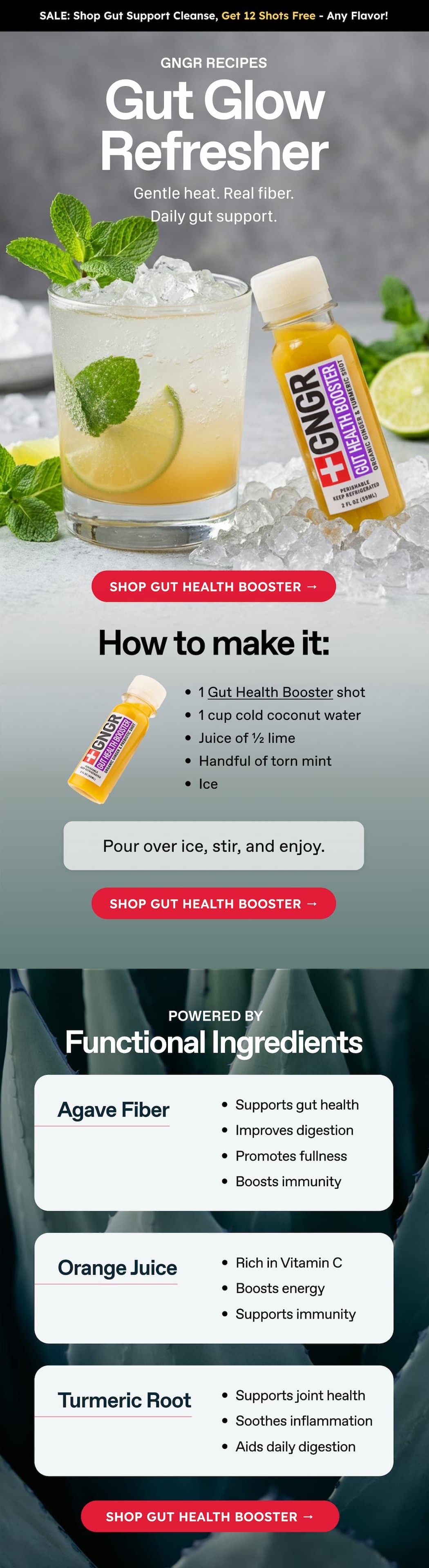 Sale: Shop Gut Support Cleanse, Get 12 Shots Free - Any Flavor! Gngr Recipes. Gut Glow Refresher. Gentle Heat. Real Fiber. Daily Gut Support. 1 Gut Health Booster Shot. 1 Cup Cold Coconut Water. Juice Of ½ Lime. Handful Of Torn Mint. Ice. Pour Over Ice, Stir, And Enjoy. Shop Gut Health Booster → Powered By Functional Ingredients. Agave Fiber. Supports Gut Health. Improves Digestion. Promotes Fullness. Boosts Immunity. Orange Juice. Rich In Vitamin C. Boosts Energy. Supports Immunity. Turmeric Root. Supports Joint Health. Soothes Inflammation. Aids Daily Digestion. Shop Gut Health Booster →