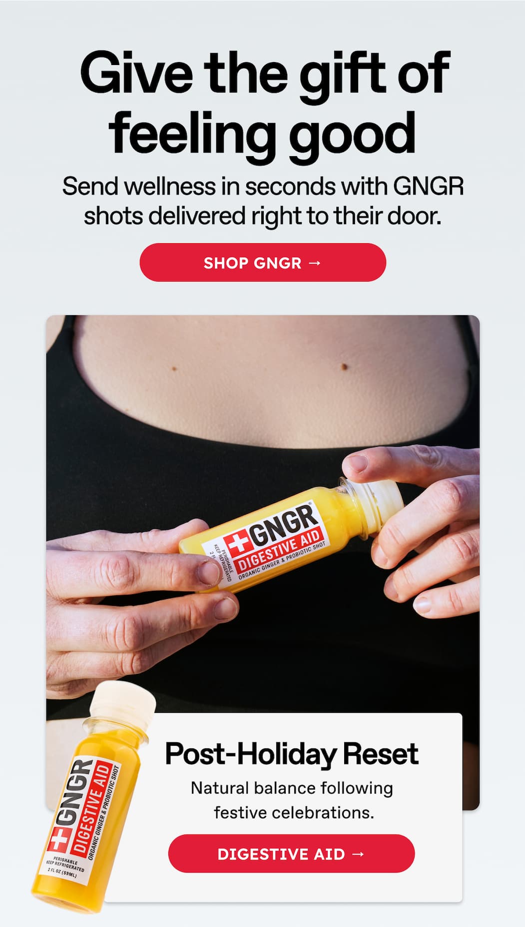 Give The Gift Of Feeling Good. Send Wellness In Seconds With GNGR Shots Delivered Right To Their Door. Shop GNGR → Post-Holiday Reset. Natural Balance Following  festive Celebrations. Digestive Aid →
