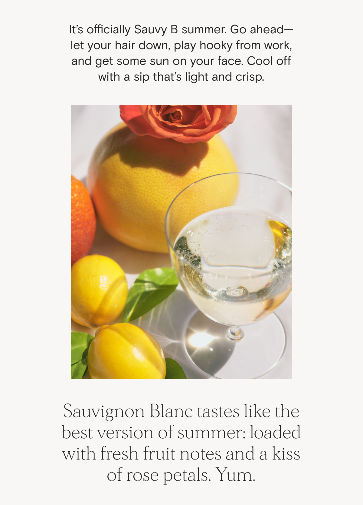 It’s officially Sauvy B summer. Go ahead—let your hair down, play hooky from work, and get some sun on your face. Cool off with a sip that’s light and crisp.  Sauvignon Blanc tastes like the best version of summer: loaded with fresh fruit notes and a kiss of rose petals. Yum.