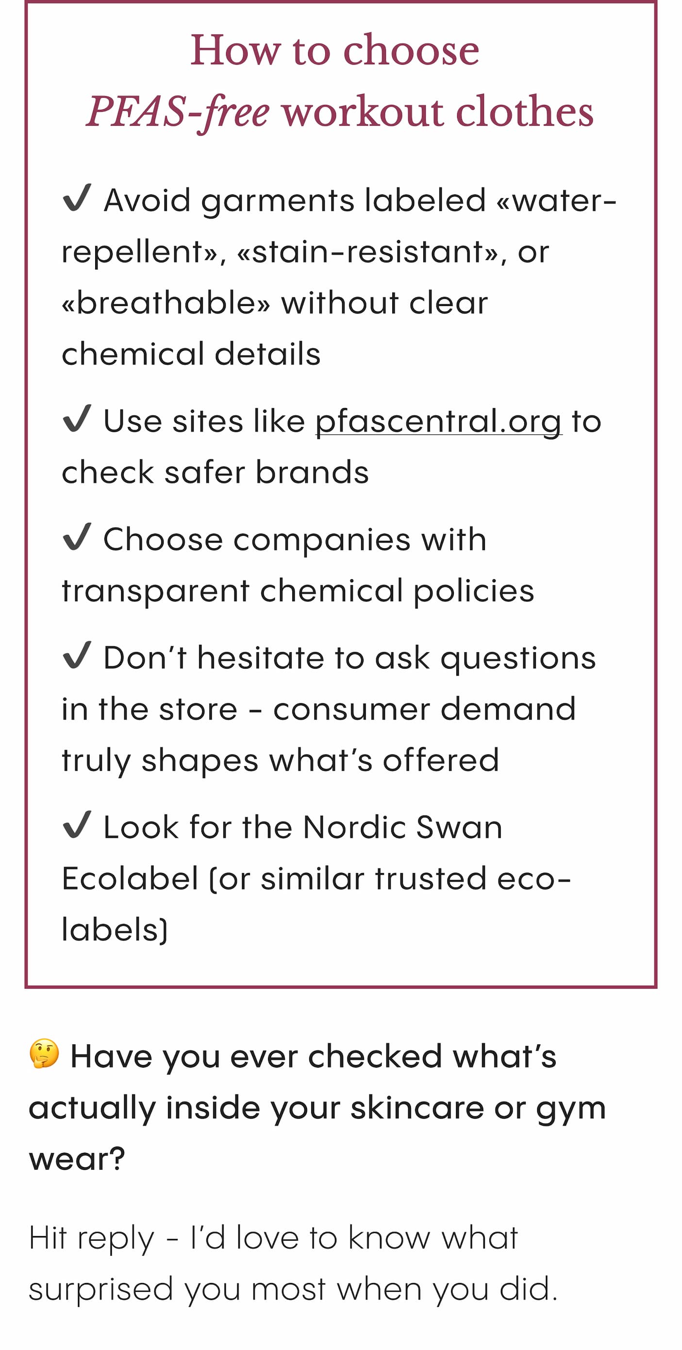 How to choose  PFAS-free workout clothes: Use sites like pfascentral.org to check safer brands