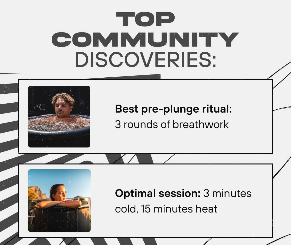Top community discoveries: Best pre-plunge ritual: 3 rounds of breathwork Optimal session: 3 minutes cold, 15 minutes heat