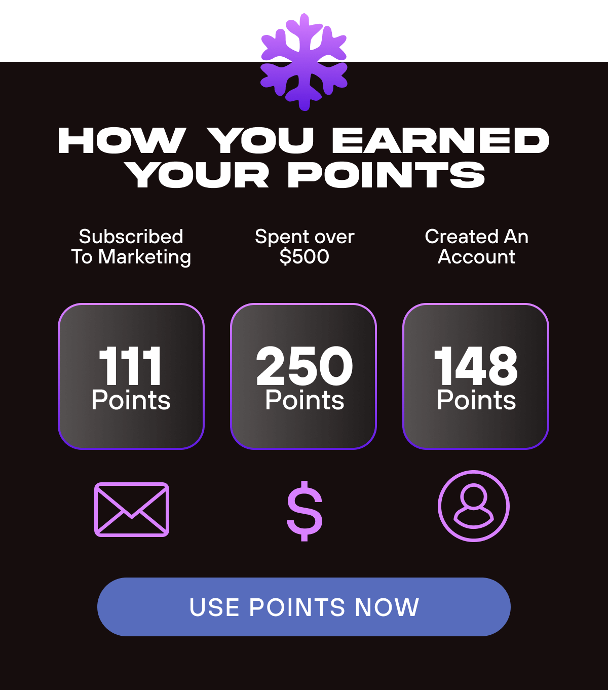 Subscribed To Marketing 211 Points Followed Us On Instagram 125 Points  Created An Account 164 Points  USE POINTS NOW