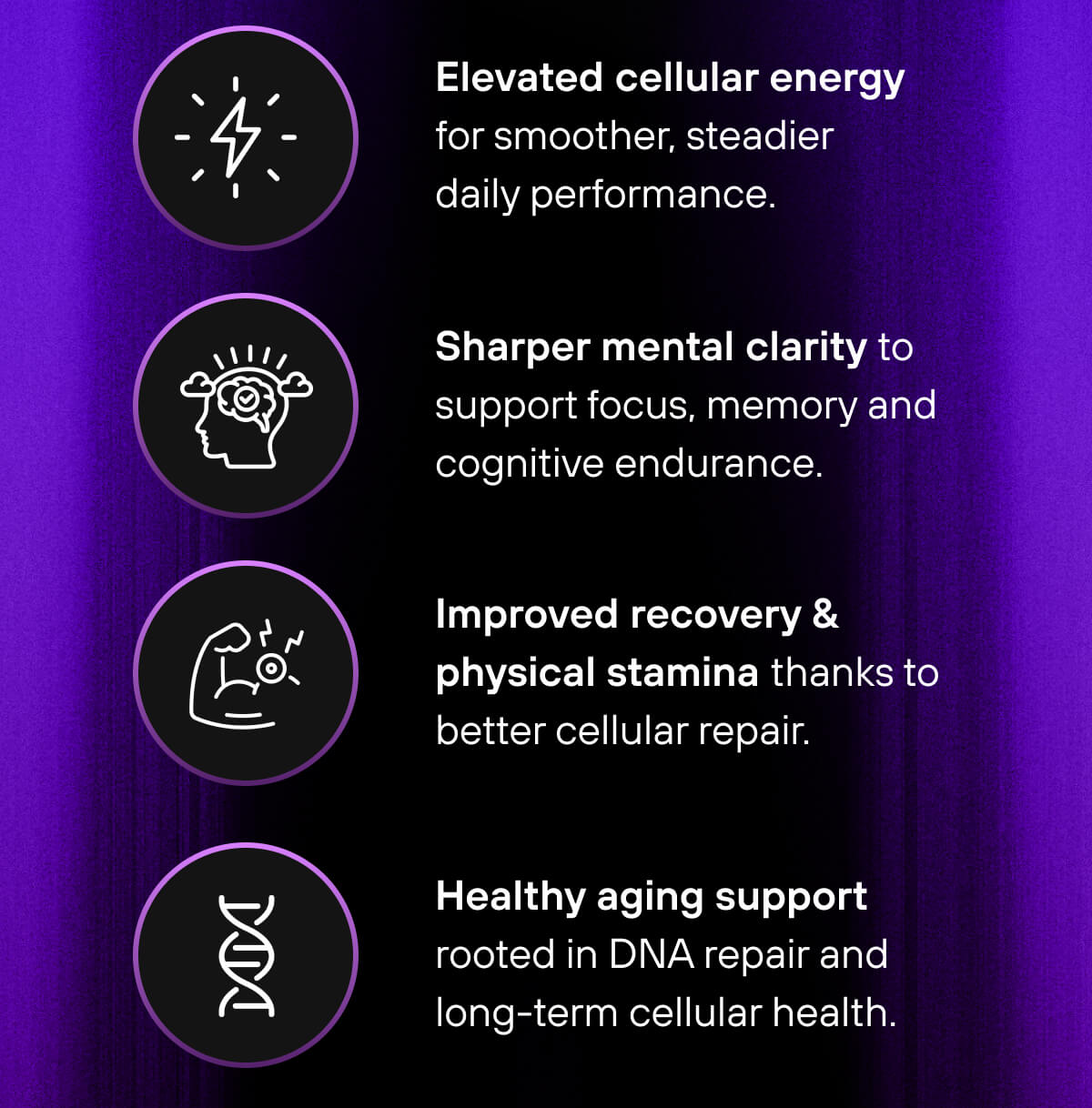 Elevated cellular energy for smoother, steadier daily performance.    Sharper mental clarity to support focus, memory and cognitive endurance.   Improved recovery & physical stamina thanks to better cellular repair.    Healthy aging support rooted in DNA repair and long-term cellular health. 
