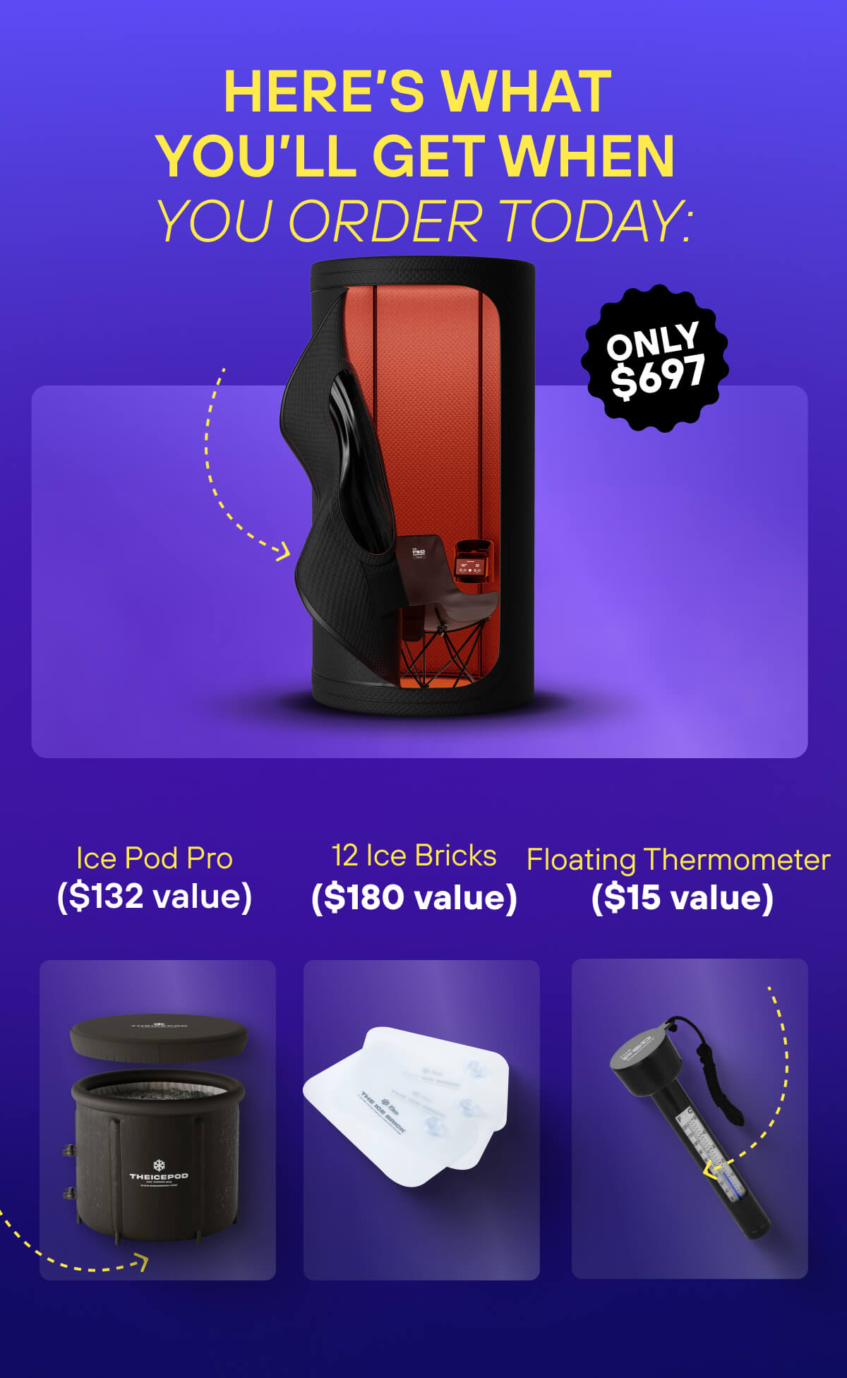 Here’s what you’ll get when you order today: Ice Pod Pro ($132 value) Floating Thermometer ($15 value) 12 Ice Bricks ($180 value)