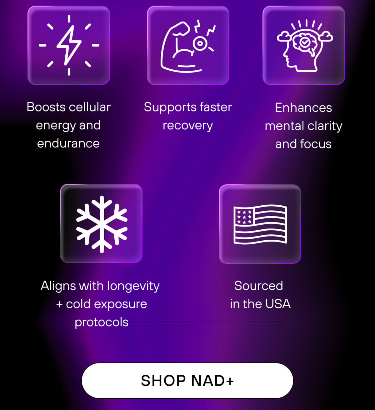 Boosts cellular energy and endurance  Supports faster recovery  Enhances mental clarity and focus  Aligns with longevity + cold exposure protocols  Sourced in the USA   SHOP NAD+