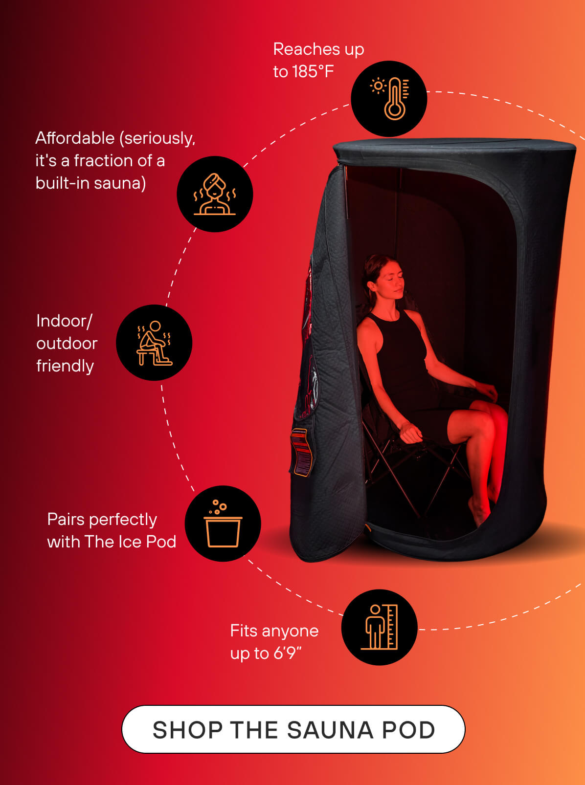 Reaches up to 185°F  Fully portable  Affordable (seriously, it's a fraction of a built-in sauna)  Indoor/outdoor friendly  Pairs perfectly with The Ice Pod  Fits anyone up to 6’9” >> SHOP THE SAUNA POD <<
