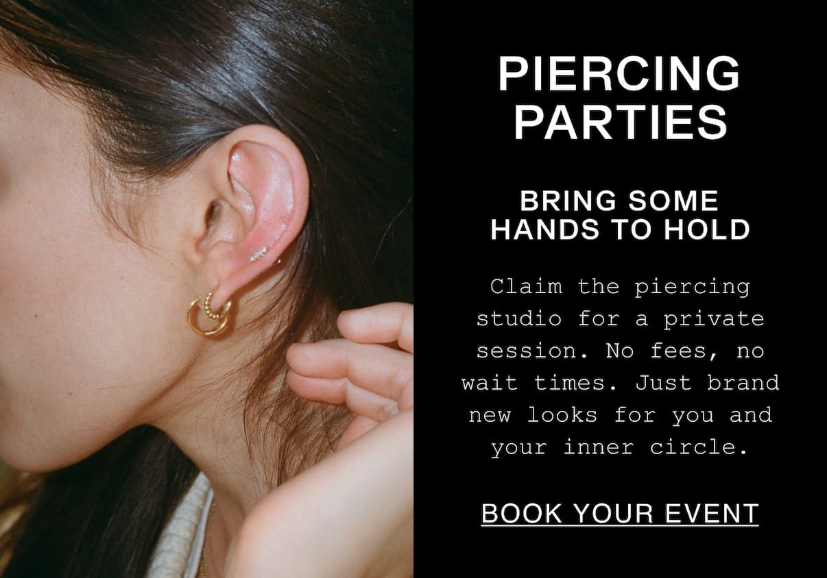 Side profile of a woman wearing Mejuri gold hoops and diamond ear studs — Piercing Parties — Bring Some Hands to Hold — Claim the piercing studio for a private session. No fees, no wait times. Just brand new looks for you and your inner circle. Side profile of a woman wearing Mejuri gold hoops and diamond ear studs — Piercing Parties — Bring Some Hands to Hold — Claim the piercing studio for a private session. No fees, no wait times. Just brand new looks for you and your inner circle.
