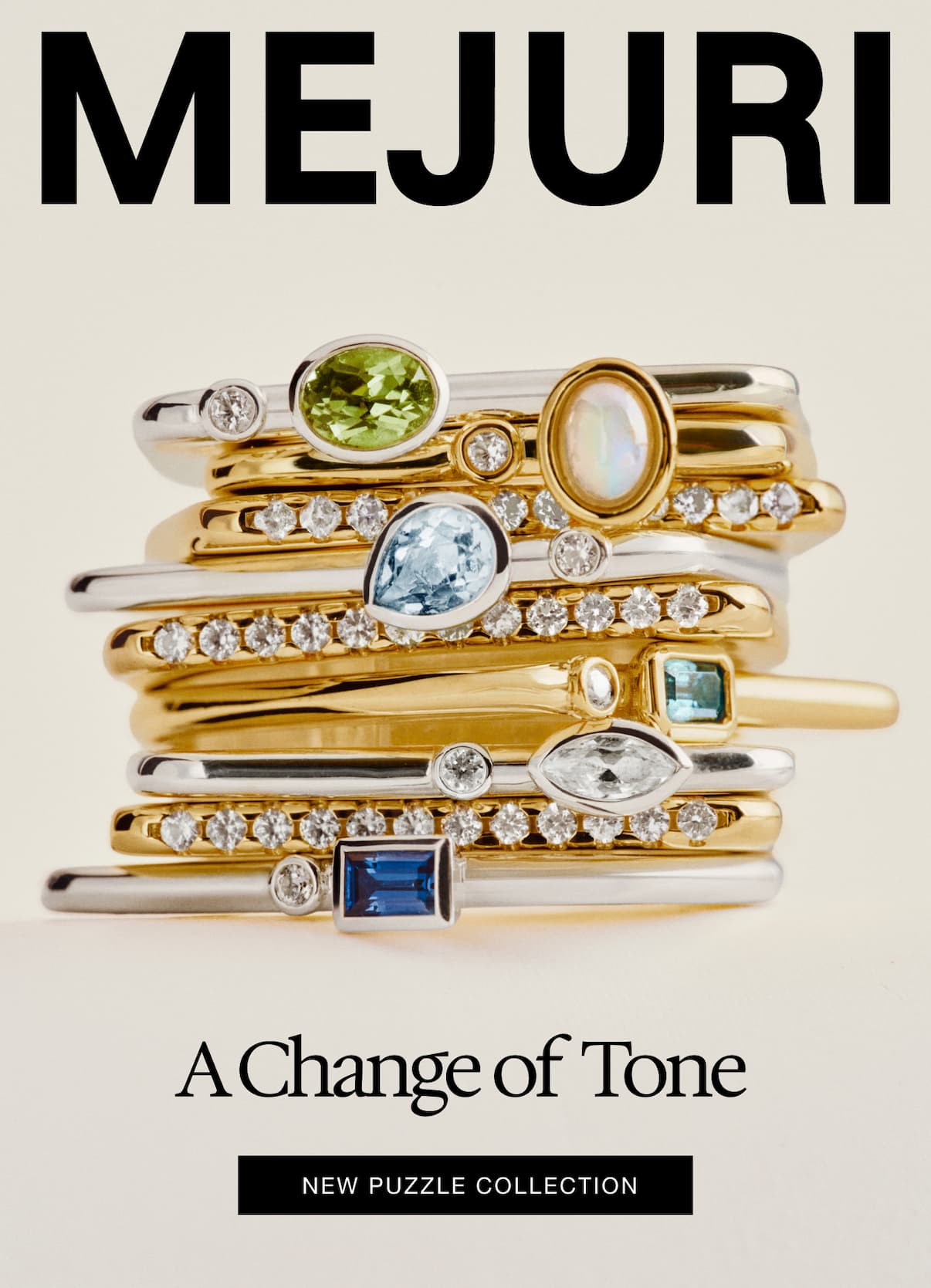 Mejuri. A Change of Tone. New Puzzle Collection. We’re not in the business of ignoring our DMs. Our most loved Puzzle stacking rings are officially here in sterling silver.  The same architectural profile,&nbsp;now in a cooler tone.