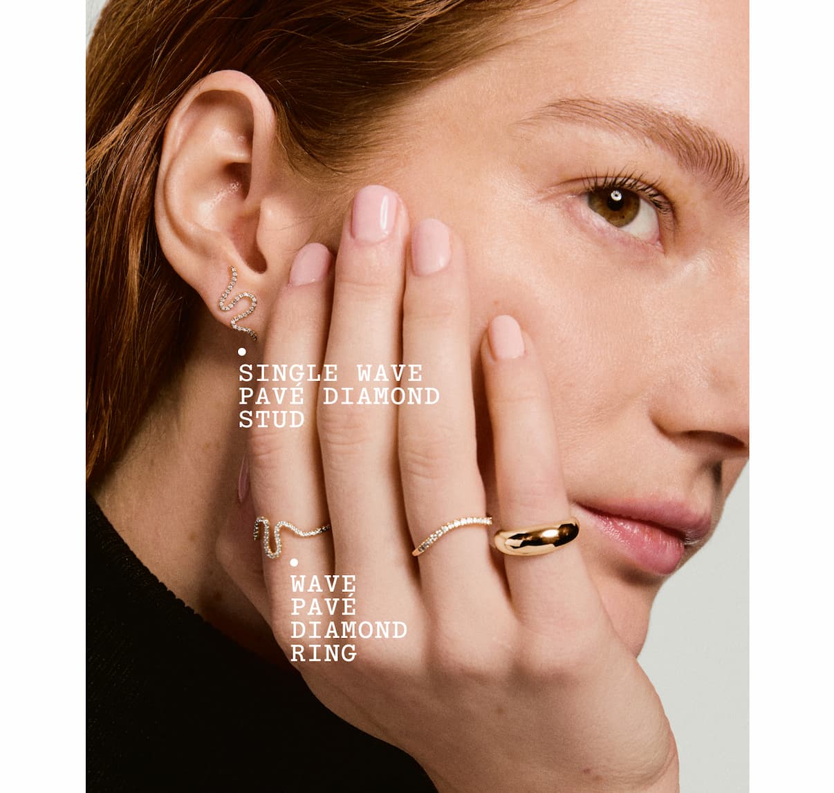 Model featuring the single wave pavé diamond stud and the wave pavé diamond ring.