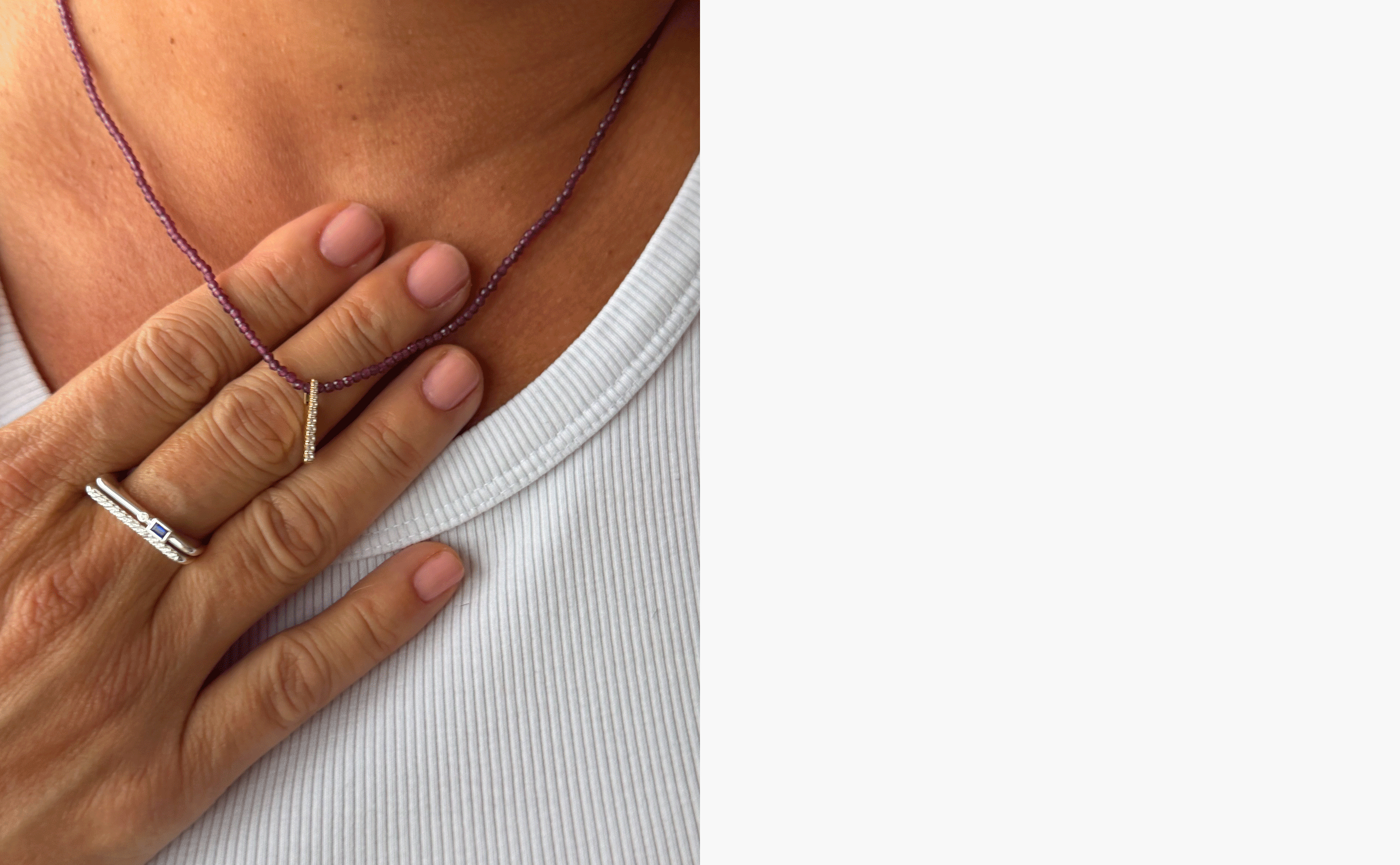Left image: Woman wearing a delicate beaded necklace and silver rings including a sapphire ring, styled over a white ribbed top. Right image: Five layered gemstone beaded necklaces in Rutilated Quartz, Carnelian, Citrine, Sodalite, and Milky Aquamarine.