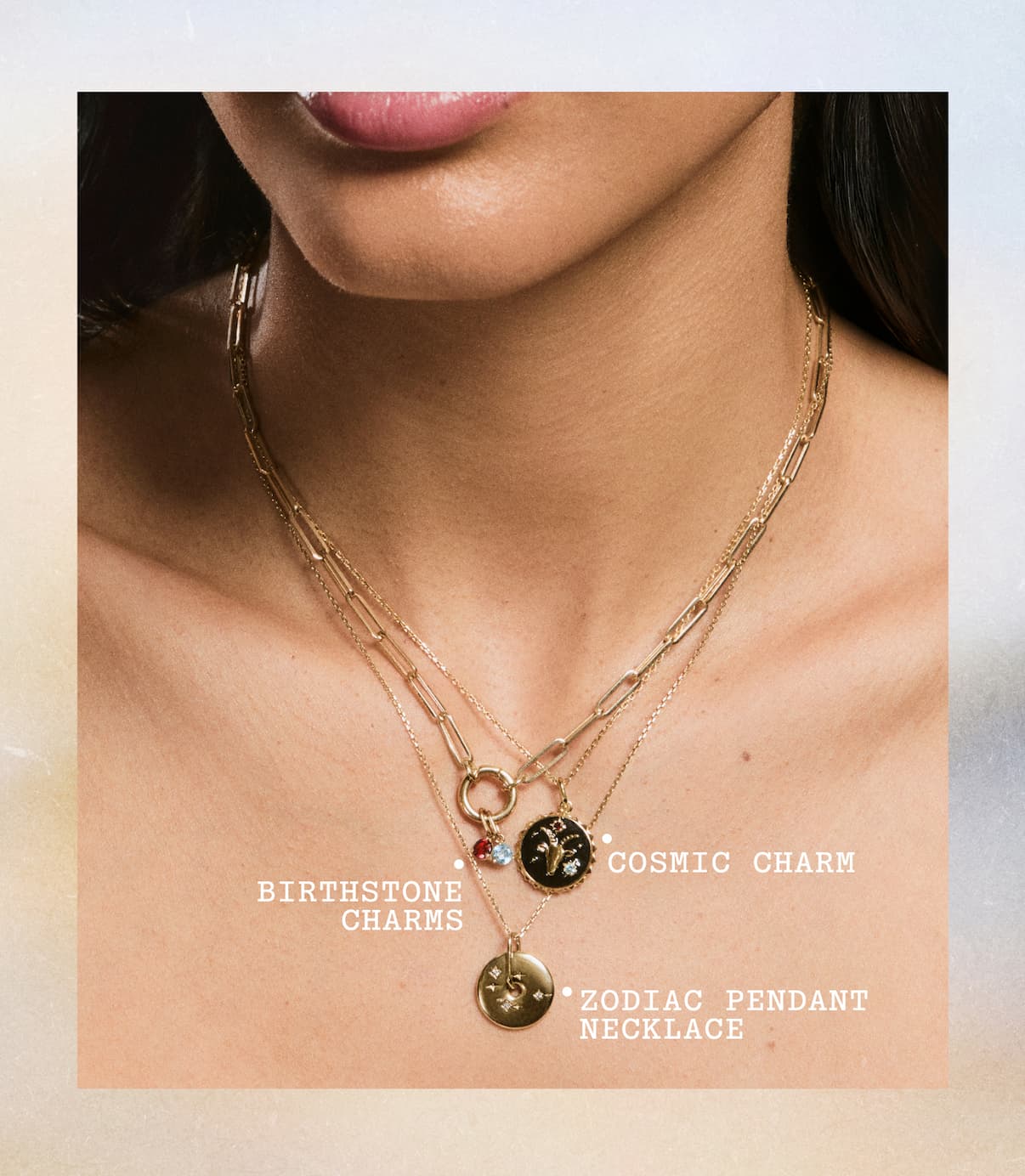Birthstone Charm. Cosmic Charm. Zodiac Pendant Necklace. Styled and Stacked Together.