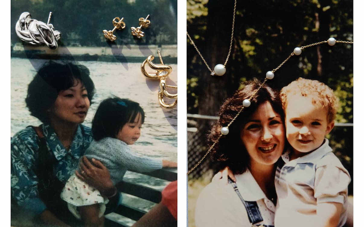 Vintage photos of mothers and children overlaid with Mejuri jewelry including gold earrings and a pearl station bracelet.