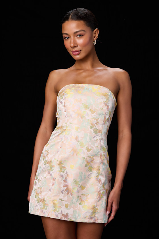 Image of Lonna Blush Multi Floral Jacquard Lace-Up Mini Dress