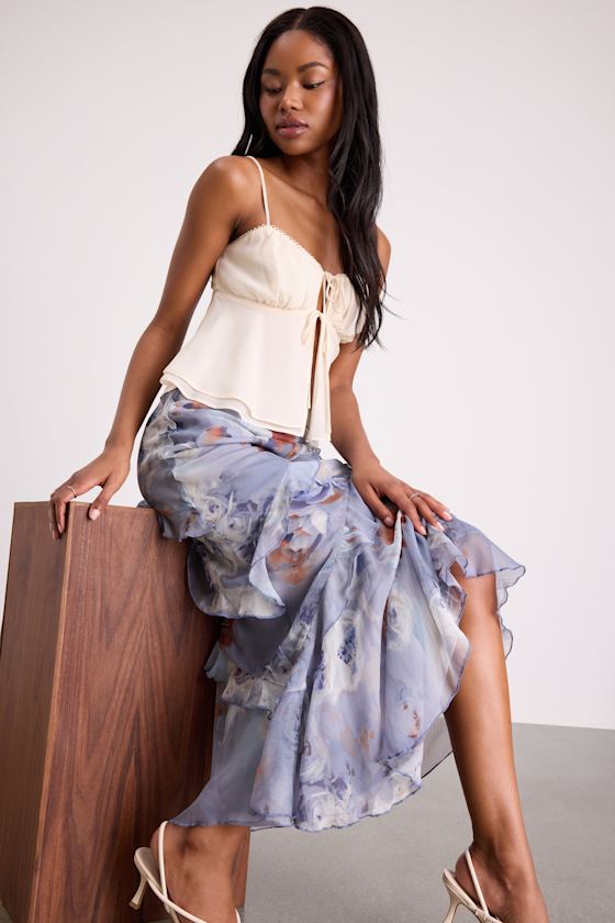 Image of Breelyn Dusty Lavender Floral Ruffled Midi Skirt