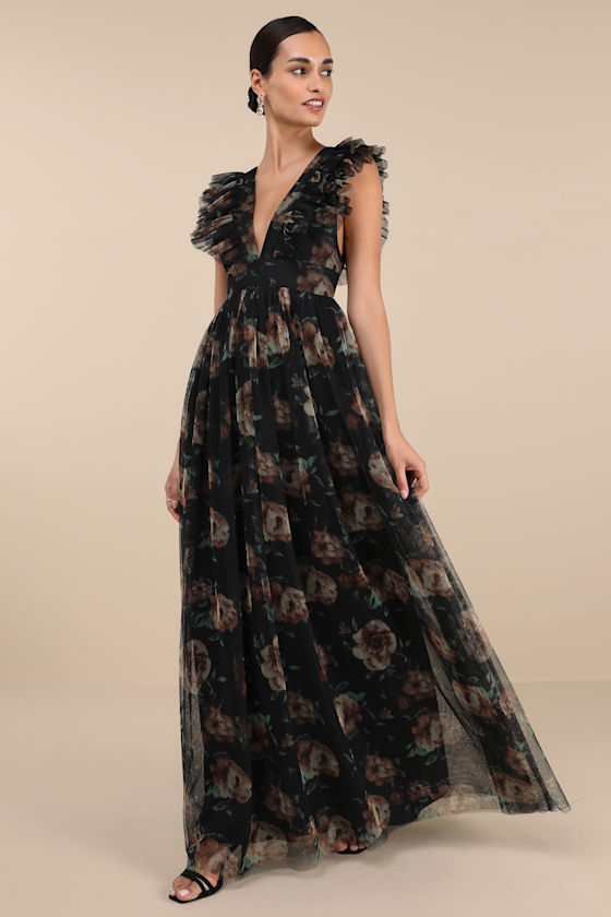 Image of Simply Delighted Black Floral Mesh Ruffled Backless Maxi Dress