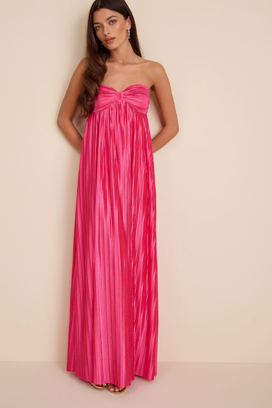 Image of Whimsical Beauty Hot Pink Satin Plisse Strapless Maxi Dress