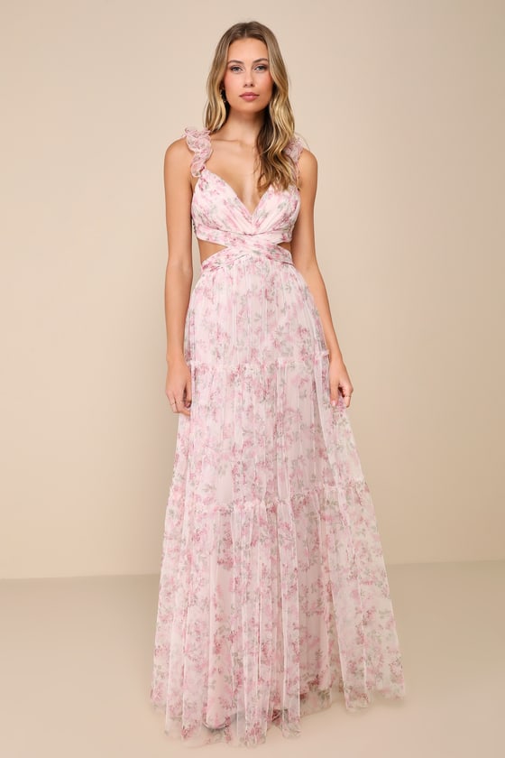Image of Ethereal Love Blush Floral Pleated Tiered Tie Back Maxi Dress