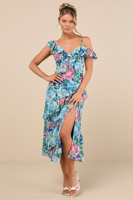 Image of Cosima Blue Floral Asymmetrical Midi Dress