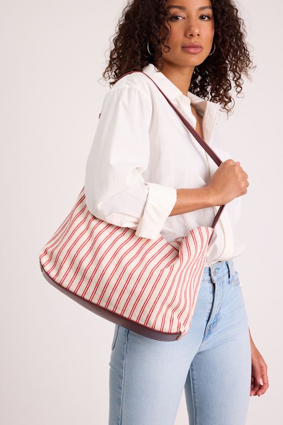 Image of Makai White and Red Striped Canvas Tote Bag