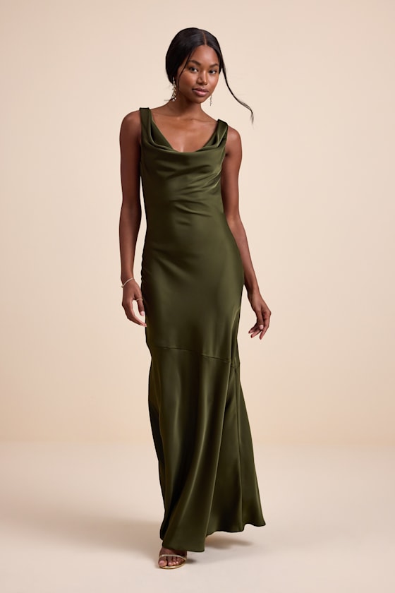 Image of Aernah Olive Satin Cowl Tie Back Slip Maxi Dress