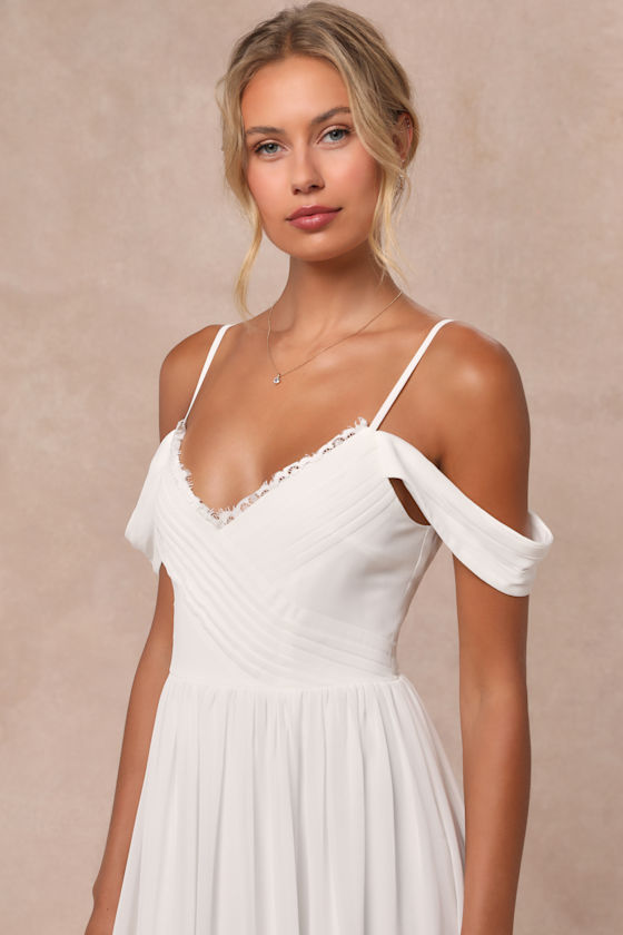 Image of Marcelyn White Pleated Cold Shoulder Maxi Dress