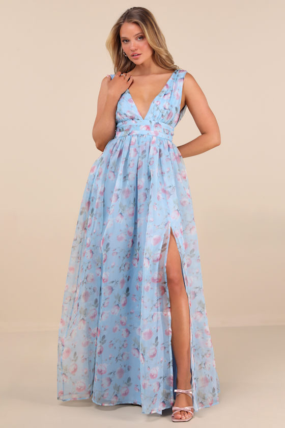 Image of Garden Romance Light Blue Floral Print Organza Maxi Dress
