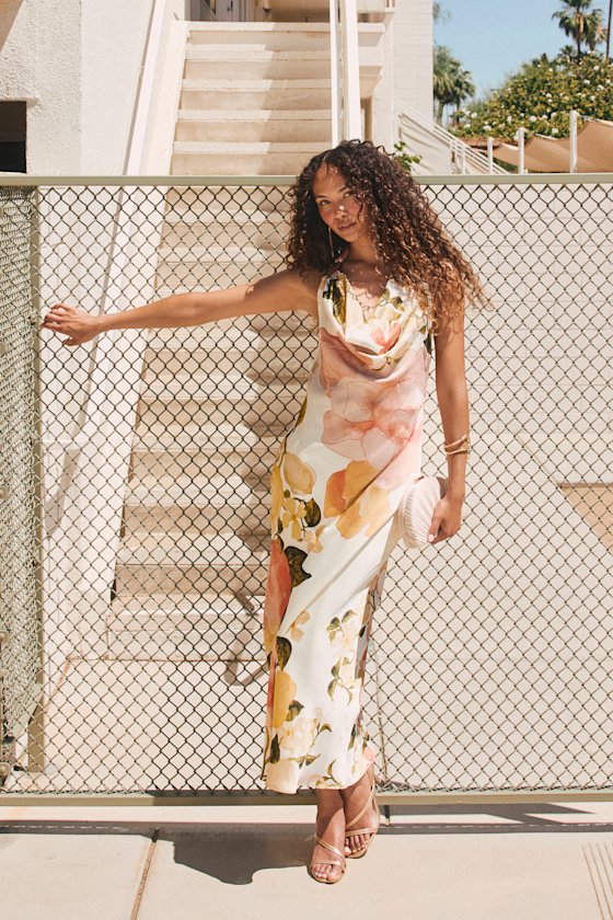 Image of Diane White Multi Floral Cowl Maxi Dress