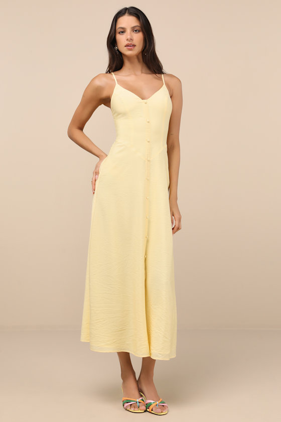 Image of Sanya Light Yellow Button Front Sleeveless Midi Dress