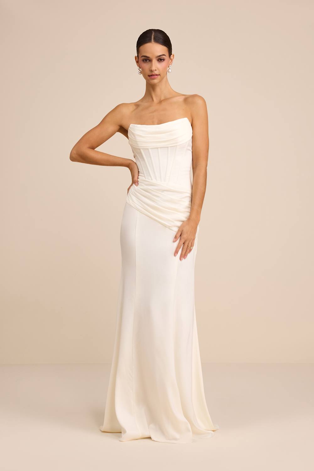 Image of Claudette White Satin Strapless Bustier Maxi Dress