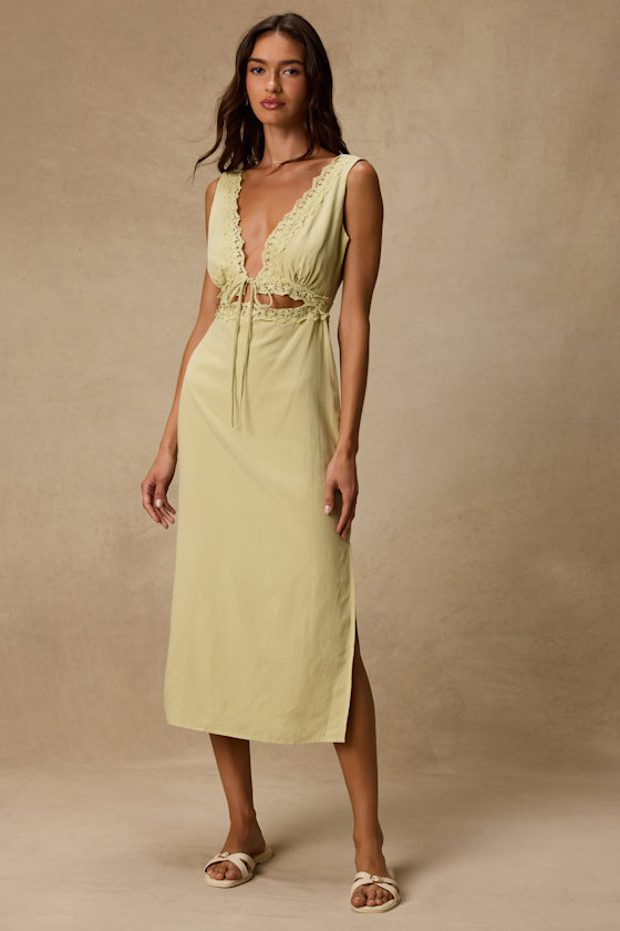 Image of Connie Light Chartreuse Lace Tie Front Midi Dress