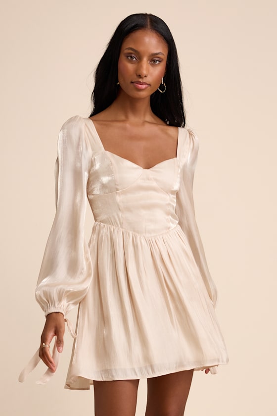 Image of Lirenda Shiny Champagne Balloon Sleeve Tie Back Mini Dress