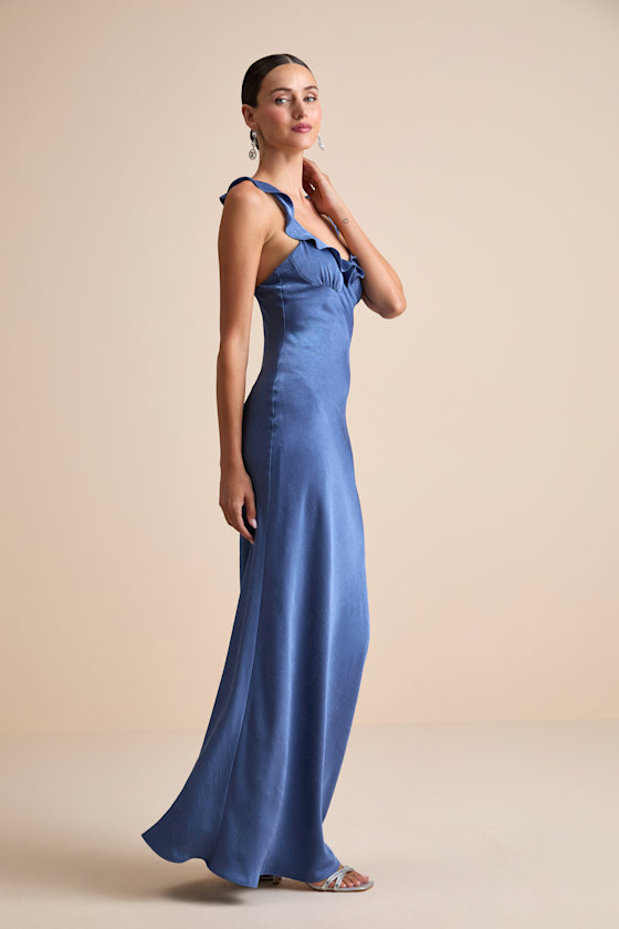 Image of Angela Blue Satin Ruffed Slip Maxi Dress