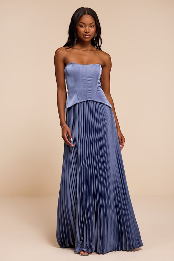 Image of Makani Slate Blue Satin Bustier Maxi Dress