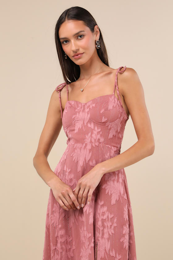 Image of Loveliest Looks Dusty Rose Floral Jacquard Tie Strap Midi Dress