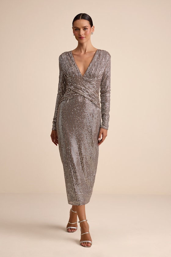 Image of Helena Brown And Silver Sequin Long Sleeve Midi Dress