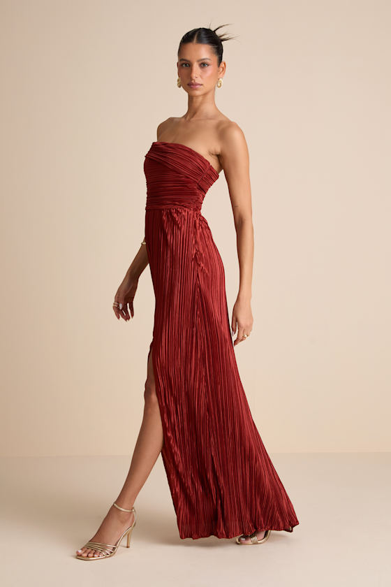 Image of Poised Performance Rust Red Plisse One Shoulder Maxi Dress