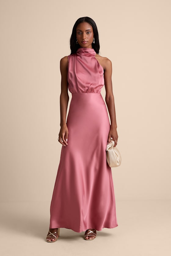 Image of Distinctive Charm Rose Pink Satin Asymmetrical Maxi Dress