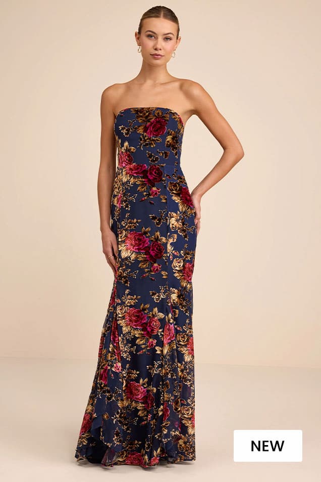 Image of Anoah Navy Floral Velvet Burnout Strapless Maxi Dress​