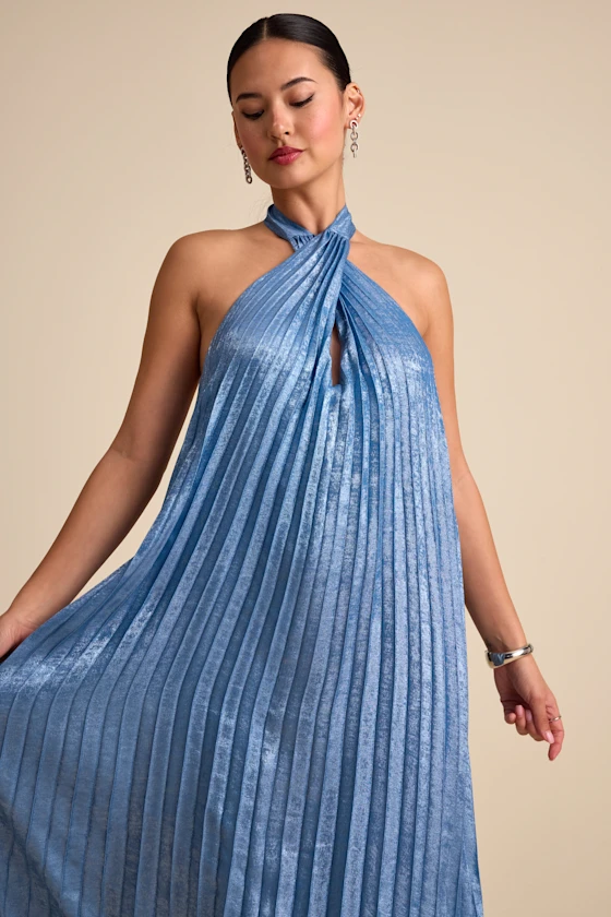 Image of Gelsey Dusty Blue Pleated Halter Shift Maxi Dress