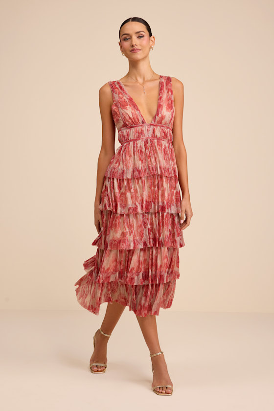 Image of Valentia Magenta Plisse Sleeveless Tiered Midi Dress