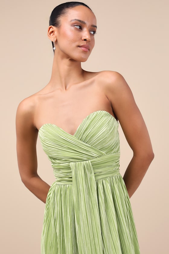Image of Oswin Lime Green Satin Plisse Strapless Maxi Dress