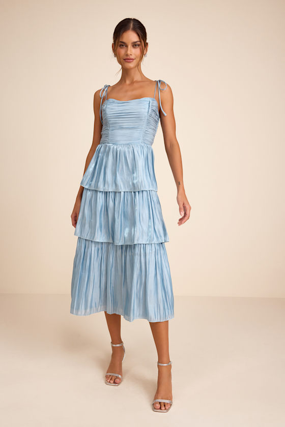 Image of Tennon Dusty Blue Plisse Tiered Midi Dress